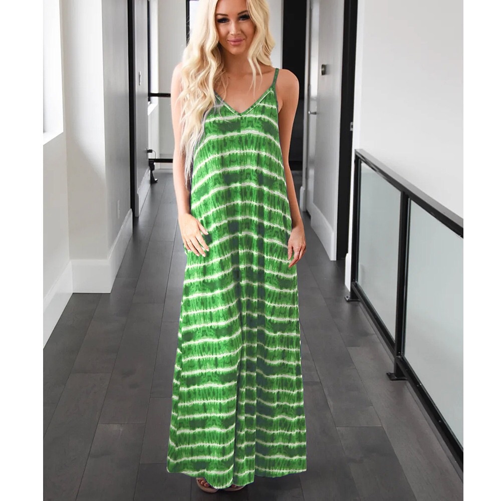 [3Packs] Tie Dye Striped Maxi Dress Green